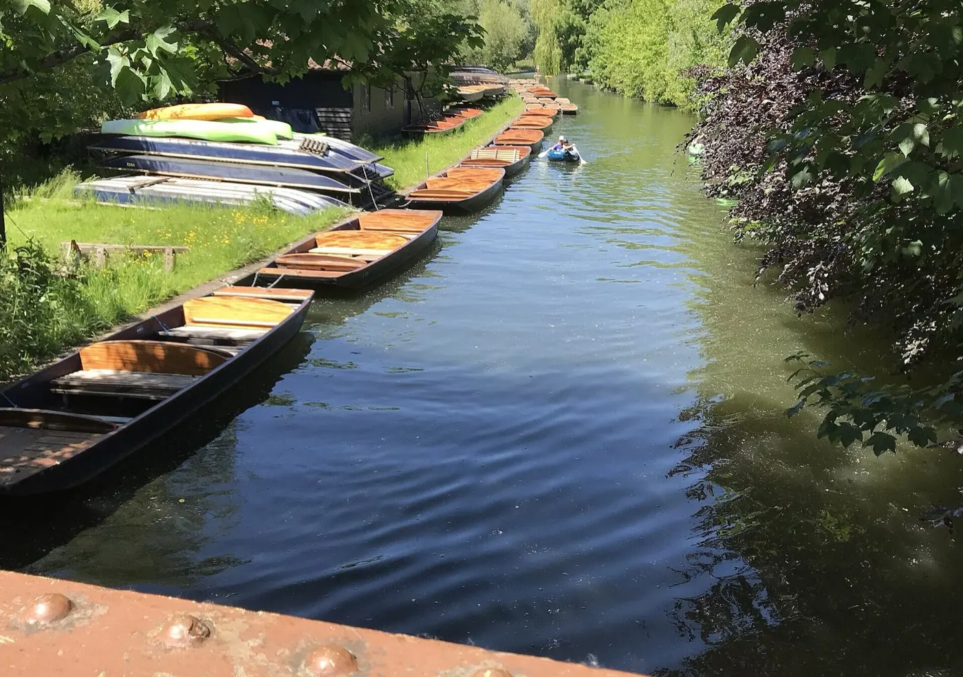 Empty self-hire punts moored and waiting along the bank