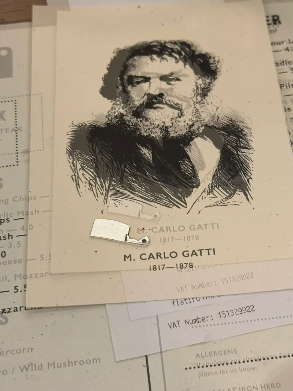Founder Carlo Gatti on the menu, with the signature mini cleaver token